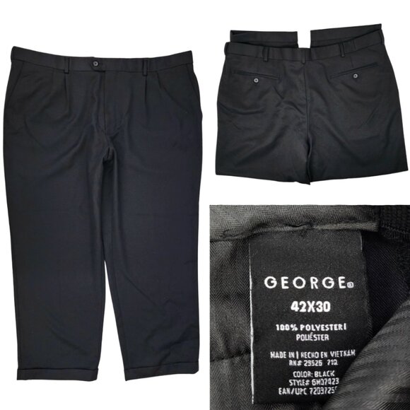George Mens 42x30 Black Straight Leg Cuffed Hem Pleat Front Dress Pants Pockets - Picture 1 of 11